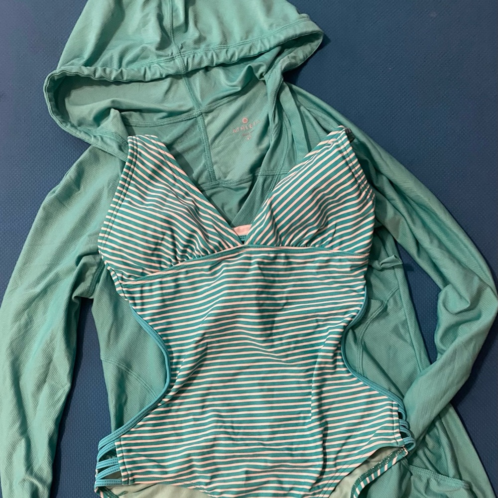 Athleta one piece teal striped swimsuit. With matching cover up.